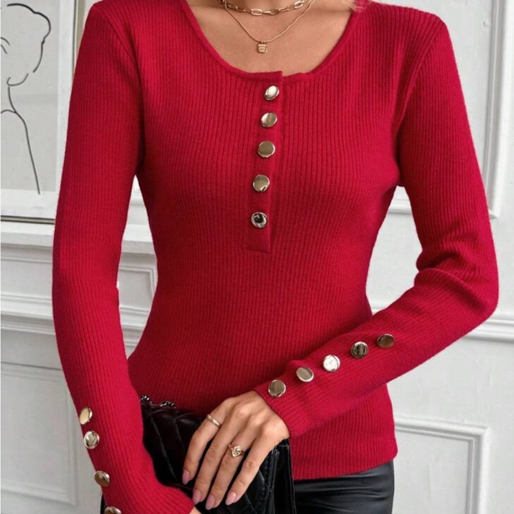 Elegant Red Button-Detail Women's Top